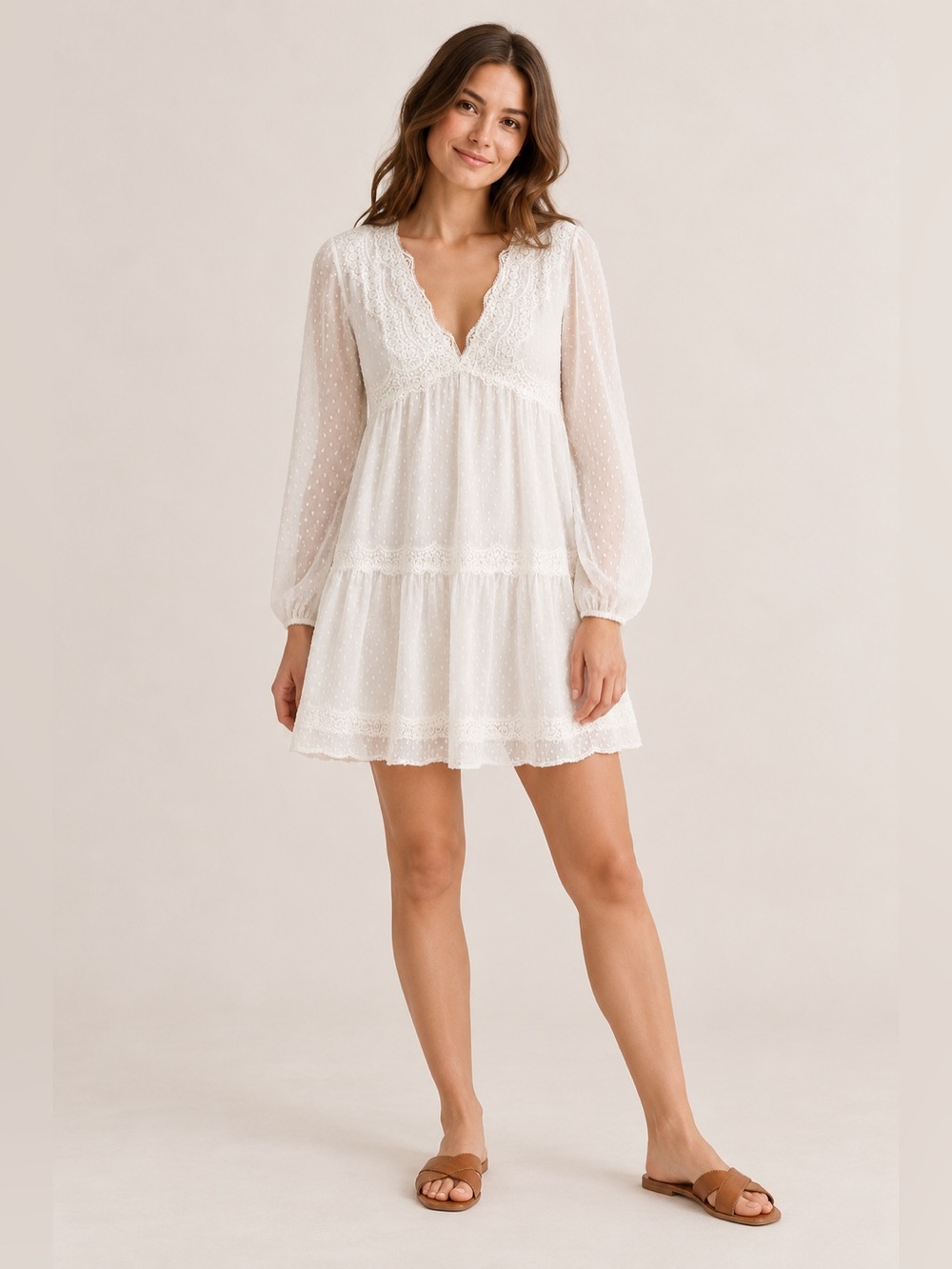Lulus White Swiss Dot Lace Long Sleeve Babydoll Mini Dress M